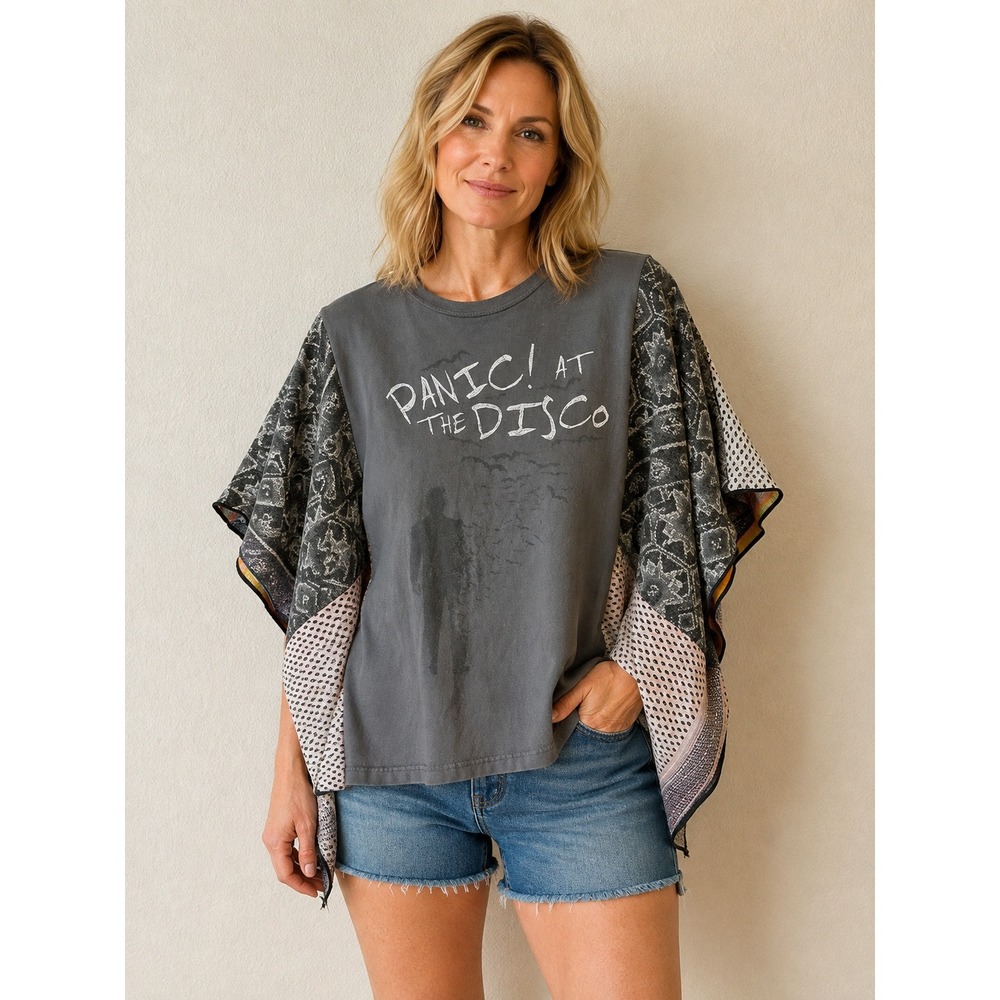Panic At The Disco Upcycled Band Tee Poncho Kimono Boho Graphic Top Grey